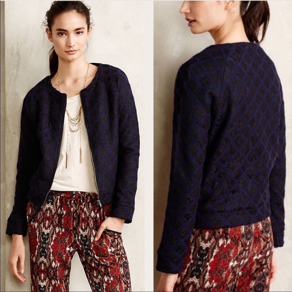 Anthropologie Madeleine Wool Lace Bomber Jacket M Black Blue